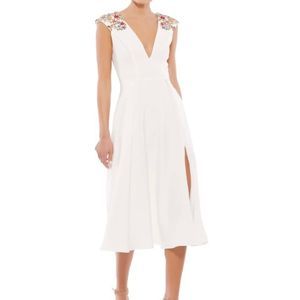 Mac Duggal White Scuba Beaded A Line Midi Dress | Size 8